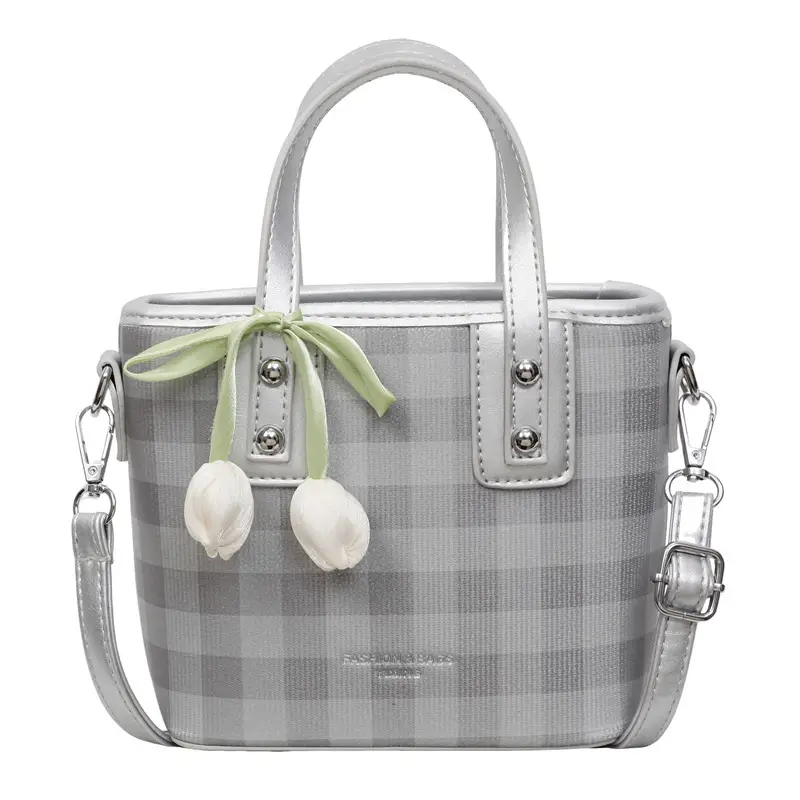 Women's New Plaid Shoulder Bag with Tulip Decor