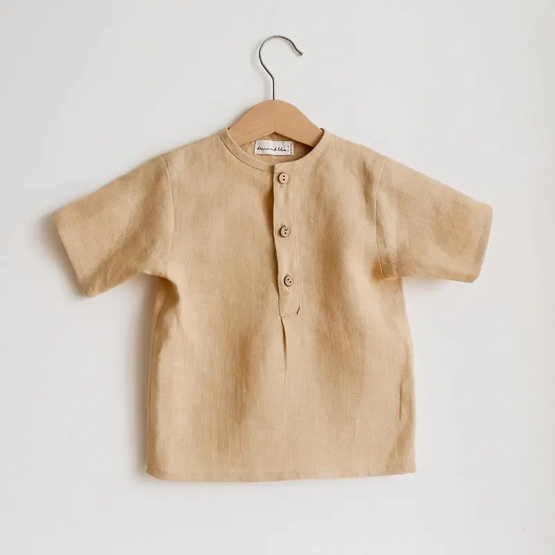 Retro Button Linen T-Shirt for Boys Summer Beige