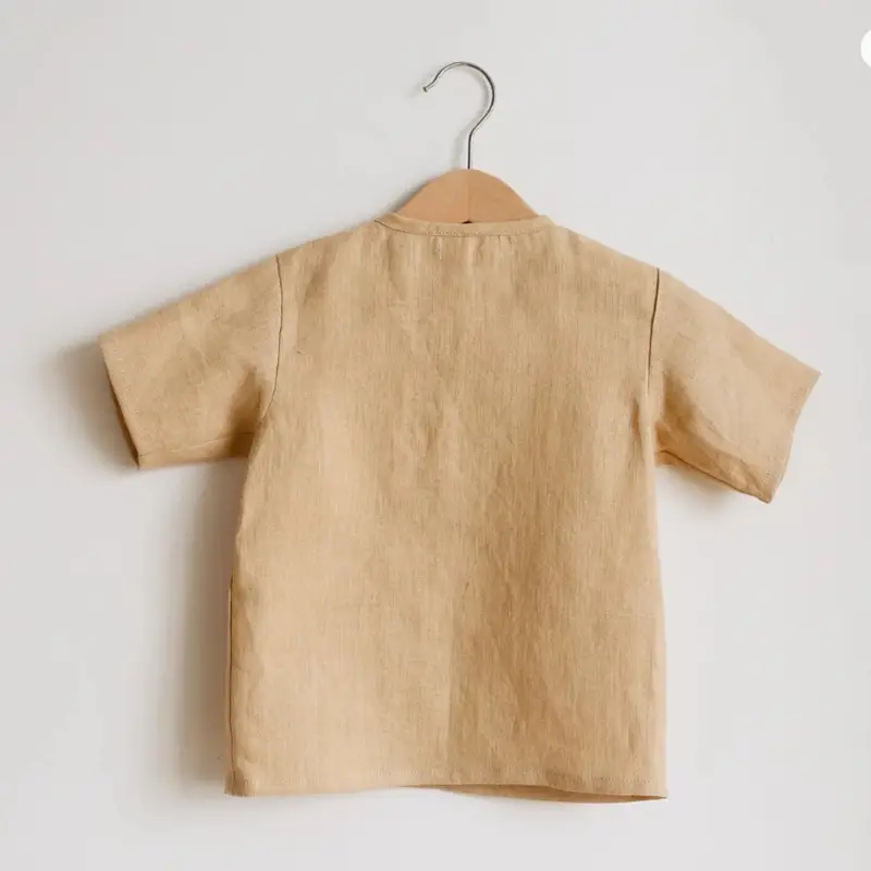 Retro Button Linen T-Shirt for Boys Summer Beige