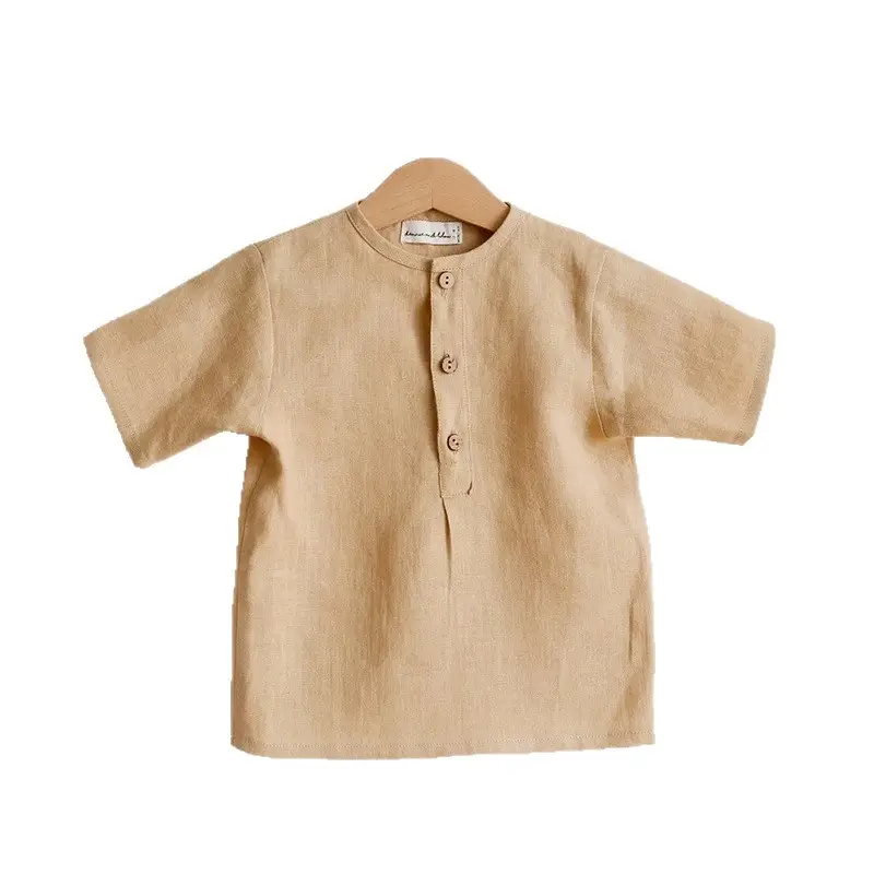 Retro Button Linen T-Shirt for Boys Summer Beige