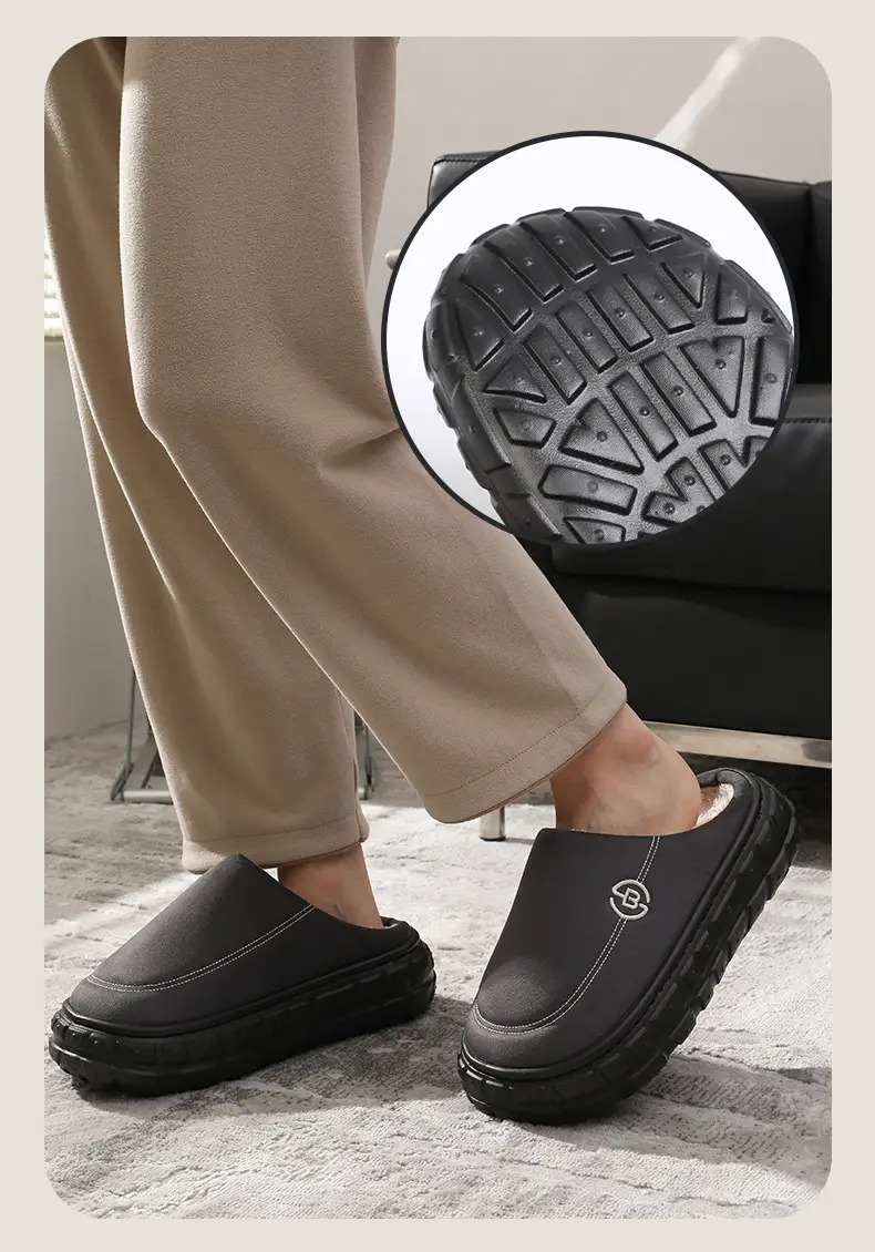 Men's Winter Fleece Lined Slippers Black Anti-Slip — feature 12