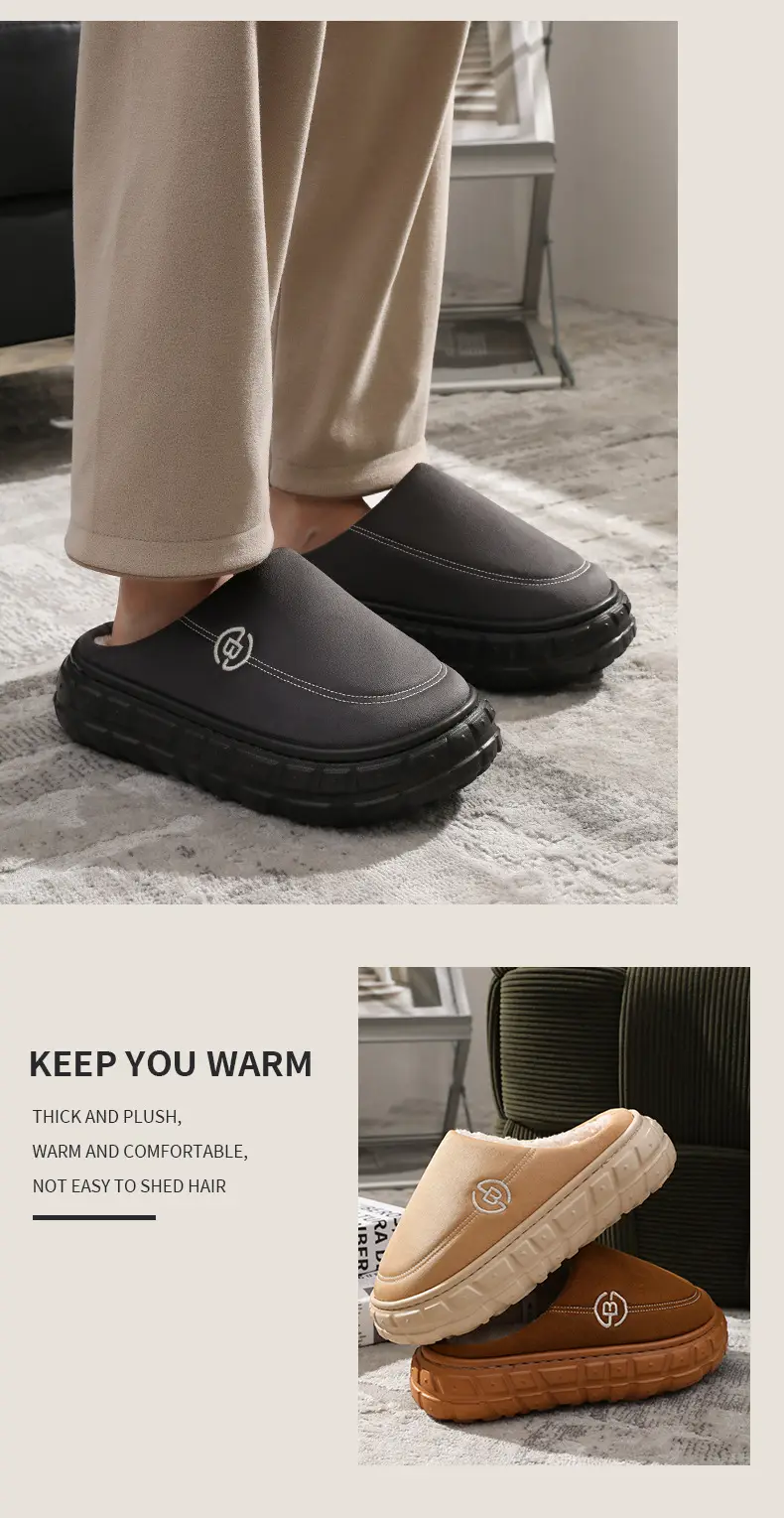 Men's Winter Fleece Lined Slippers Black Anti-Slip — feature 17