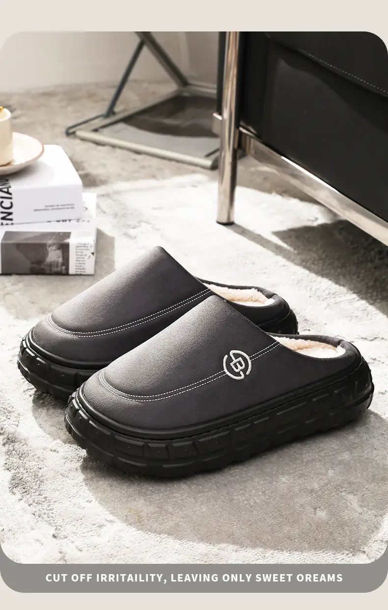 Men's Winter Fleece Lined Slippers Black Anti-Slip — feature 3