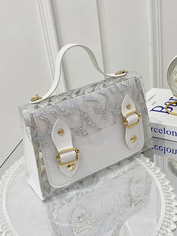 White Crystal Embroidered Handbag with Drawstring Lock