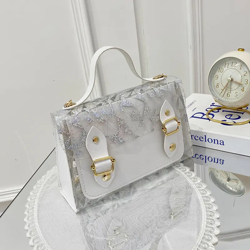 White Crystal Embroidered Handbag with Drawstring Lock