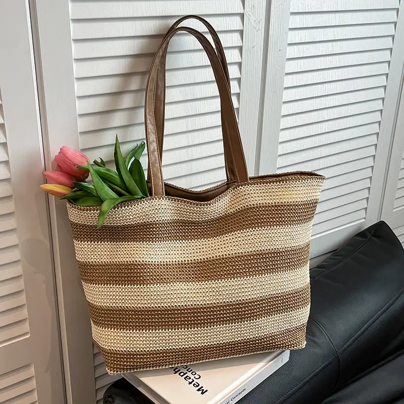 Straw Woven Large Capacity Tote Bag Brown Beige - Image 5