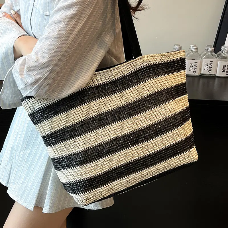 Straw Woven Large Capacity Tote Bag Brown Beige - Image 7