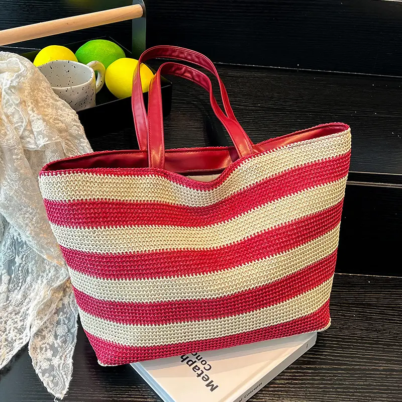 Straw Woven Large Capacity Tote Bag Brown Beige - Image 8