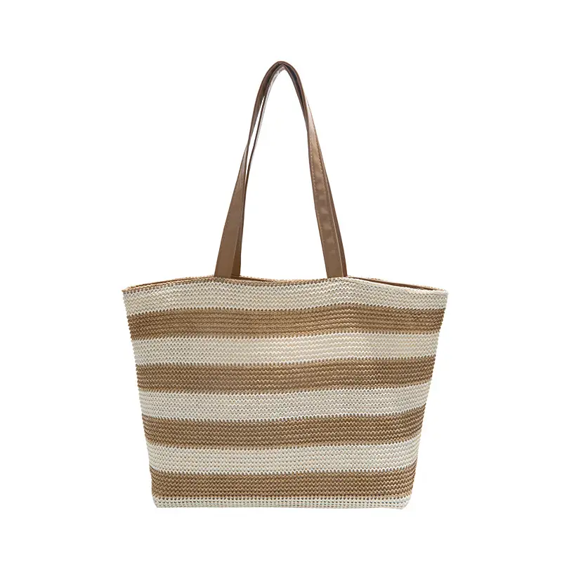 Straw Woven Large Capacity Tote Bag Brown Beige - Image 9