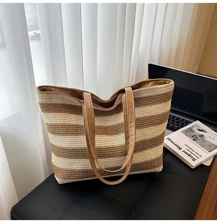 Straw Woven Large Capacity Tote Bag Brown Beige — feature 10