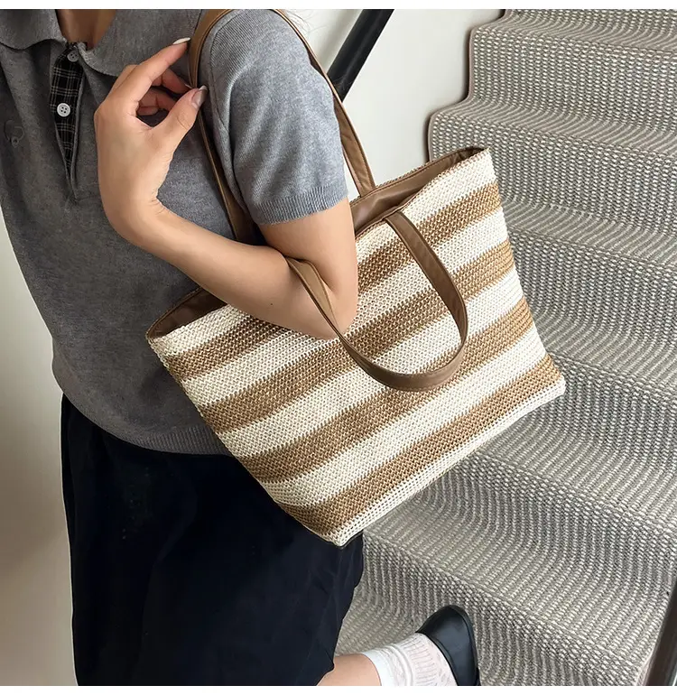 Straw Woven Large Capacity Tote Bag Brown Beige — feature 28