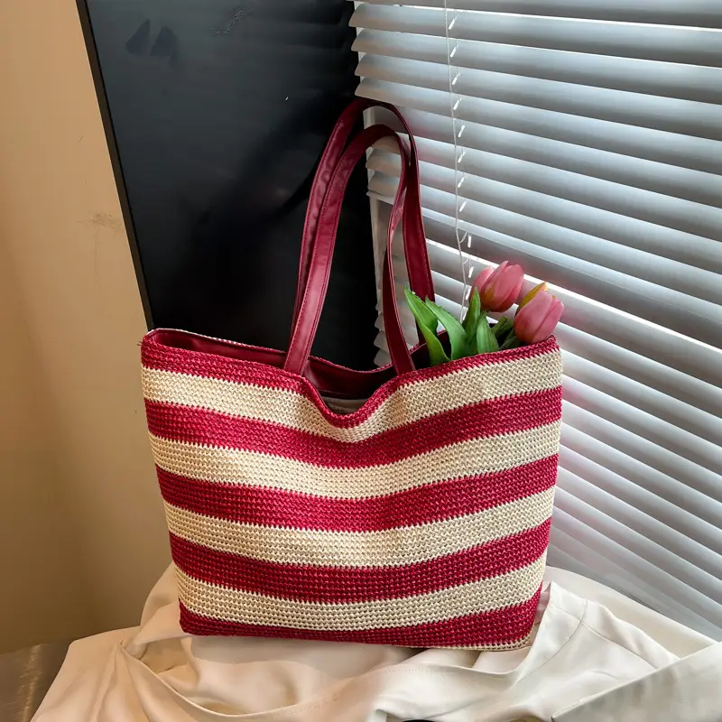 Straw Woven Large Capacity Tote Bag Brown Beige - Image 4