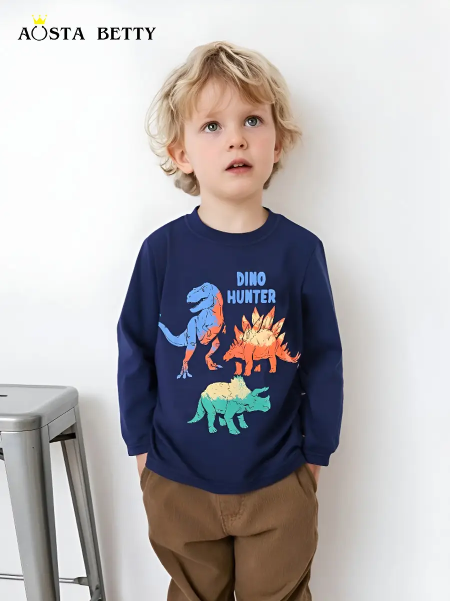 Dinosaur Print Boys Long Sleeve T-Shirt Navy Blue - Image 2
