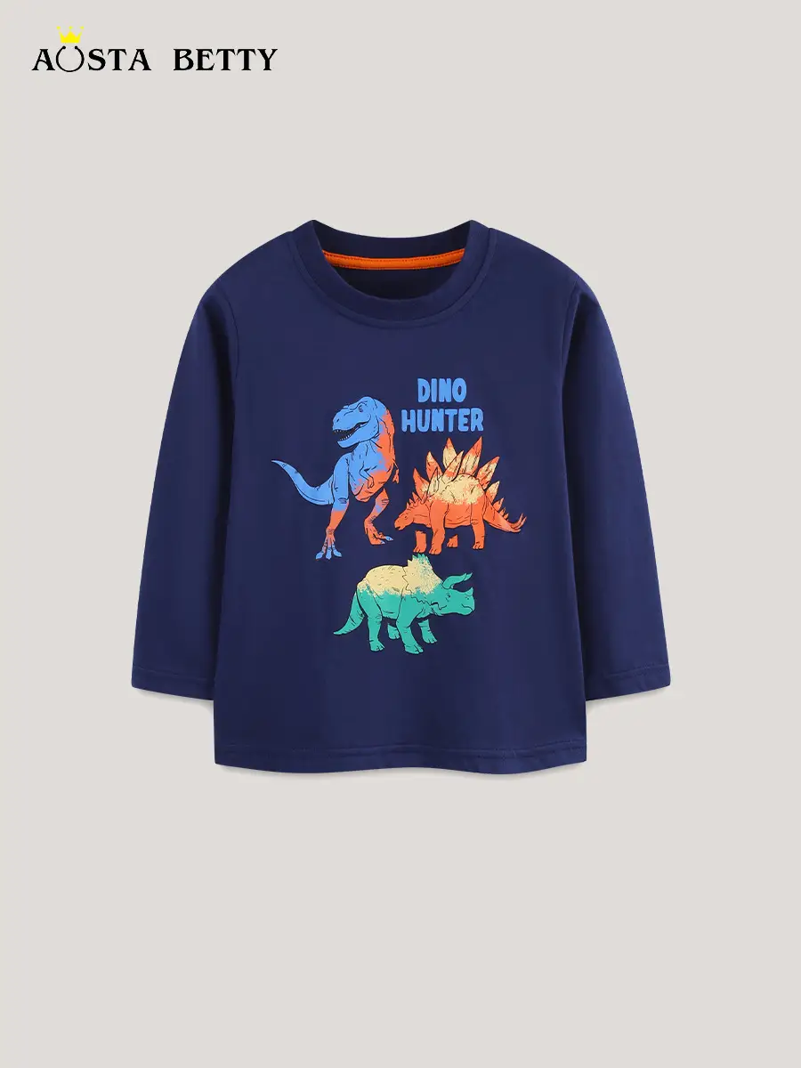 Dinosaur Print Boys Long Sleeve T-Shirt Navy Blue - Image 3