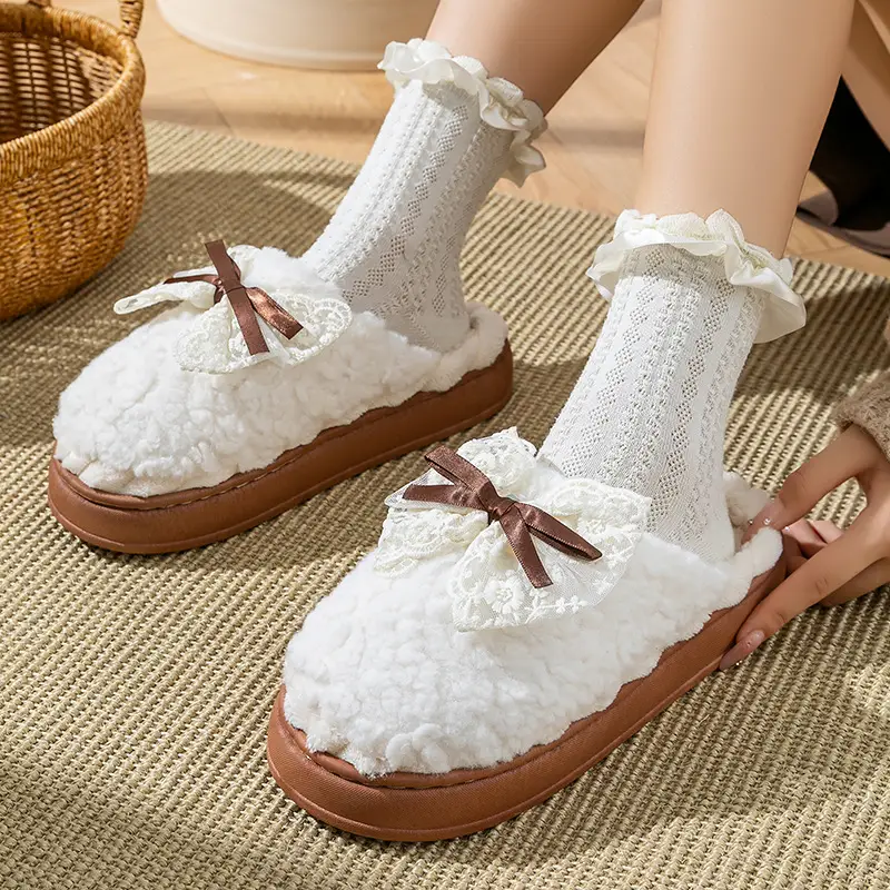 Bowknot Cotton Slippers for Women, Autumn and Winter Indoor Home Use, Thick-Soled, Warm, Fleece-Lined, Comfortable, Lightweight Maternity Slippers - Image 5