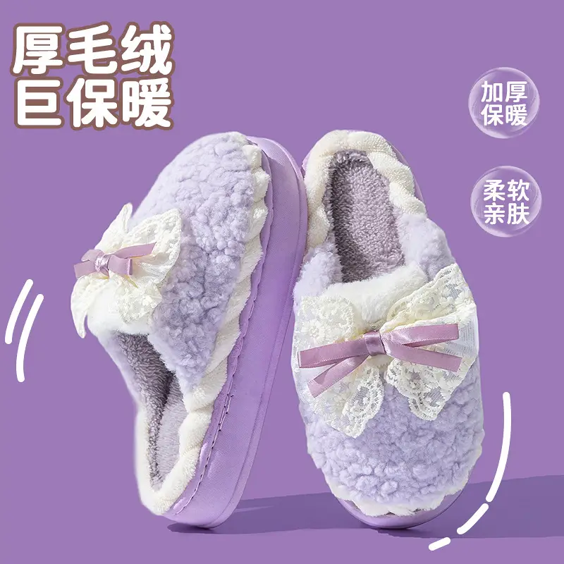 Bowknot Cotton Slippers for Women, Autumn and Winter Indoor Home Use, Thick-Soled, Warm, Fleece-Lined, Comfortable, Lightweight Maternity Slippers - Image 7