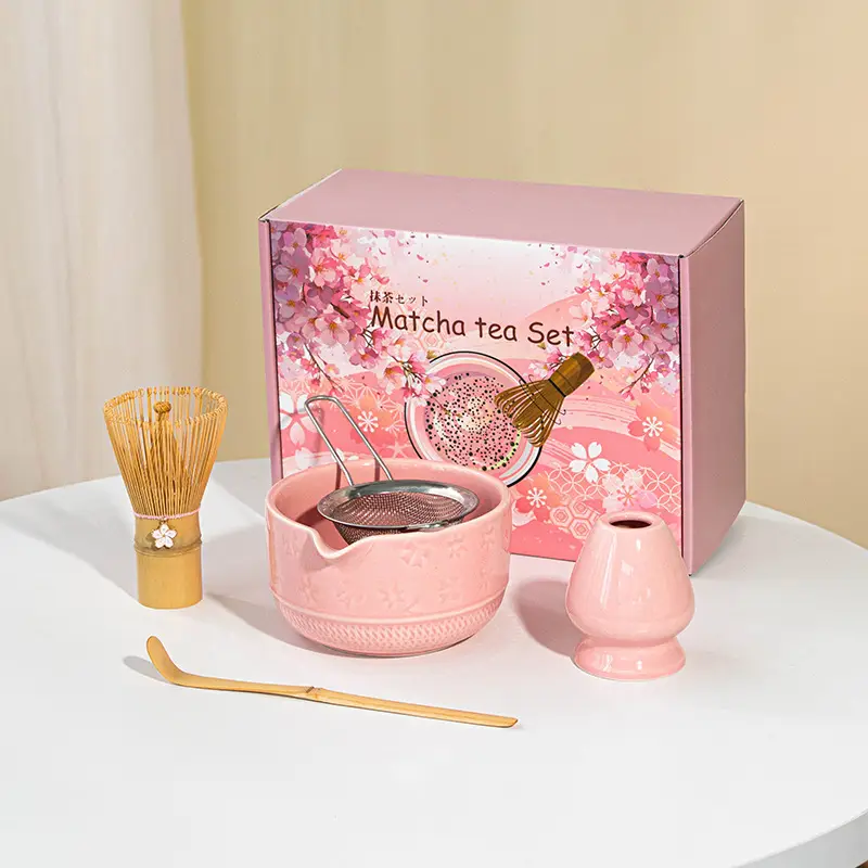 Cross-Border Japanese Matcha Tea Set 7-Piece Pink Ceramic Bowl - Image 2
