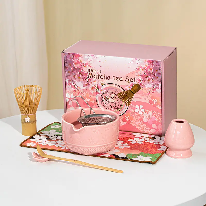 Cross-Border Japanese Matcha Tea Set 7-Piece Pink Ceramic Bowl - Image 3