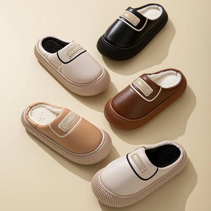 Imitation Pu Leather Rubber-Soled Cotton Slippers for Women, Autumn and Winter Outdoor Wear, Thick-Soled, Warm, Fleece-Lined, Home Bedroom Maternity Slippers - Image 7