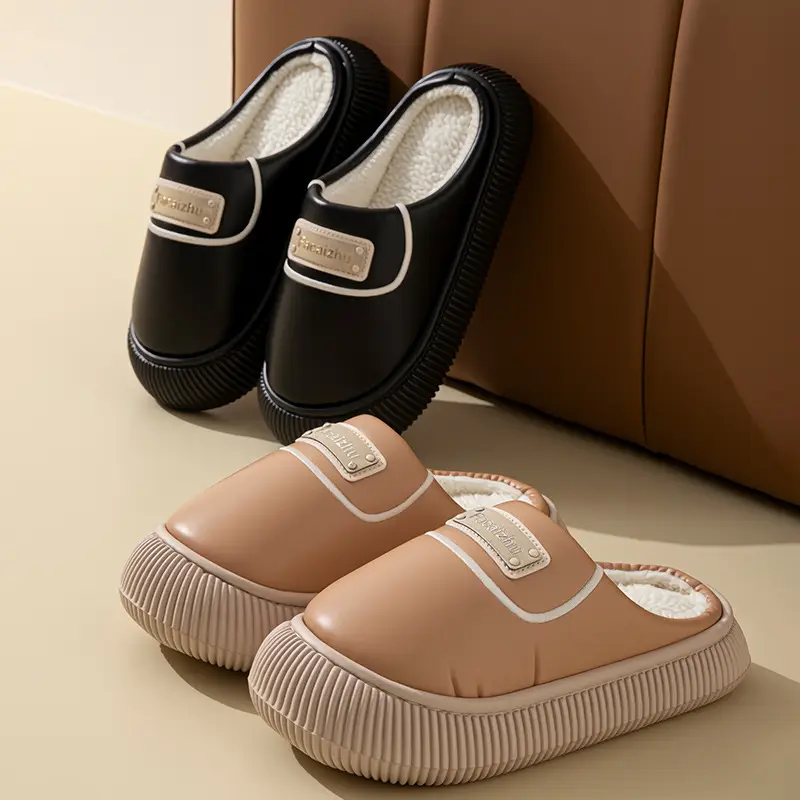 Imitation Pu Leather Rubber-Soled Cotton Slippers for Women, Autumn and Winter Outdoor Wear, Thick-Soled, Warm, Fleece-Lined, Home Bedroom Maternity Slippers - Image 8