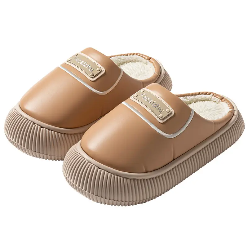 Imitation Pu Leather Rubber-Soled Cotton Slippers for Women, Autumn and Winter Outdoor Wear, Thick-Soled, Warm, Fleece-Lined, Home Bedroom Maternity Slippers - Image 9