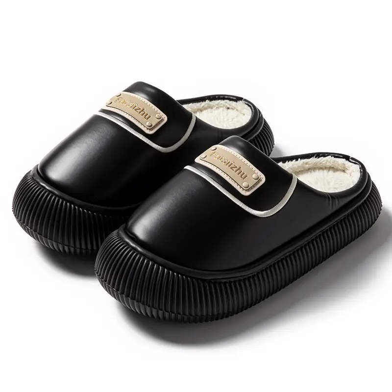 Imitation Pu Leather Rubber-Soled Cotton Slippers for Women, Autumn and Winter Outdoor Wear, Thick-Soled, Warm, Fleece-Lined, Home Bedroom Maternity Slippers - Image 4