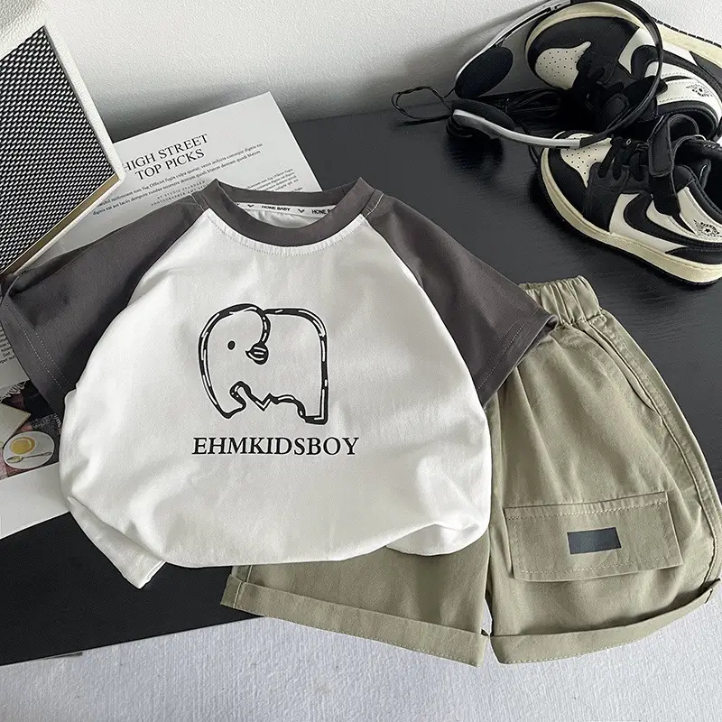 Children Summer Shorts Set Olive Green Cartoon Print