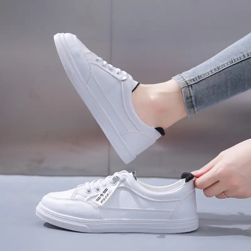 Women White Casual Leather Sneakers with Green Accent