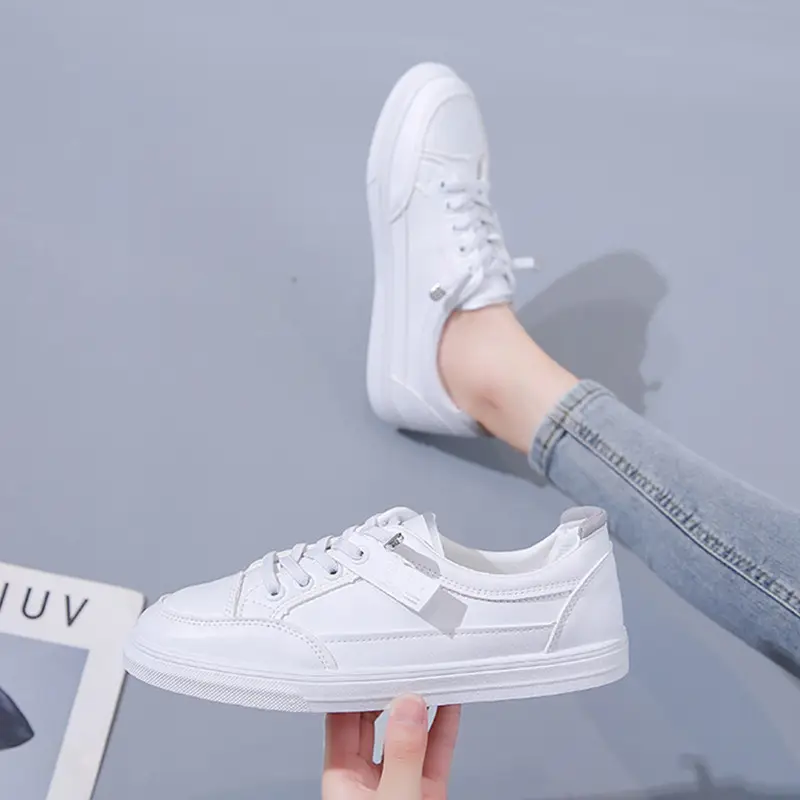 Women White Casual Leather Sneakers with Green Accent