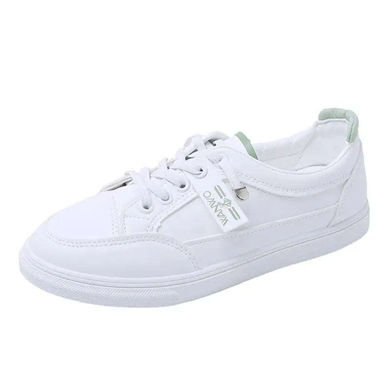 Women White Casual Leather Sneakers with Green Accent