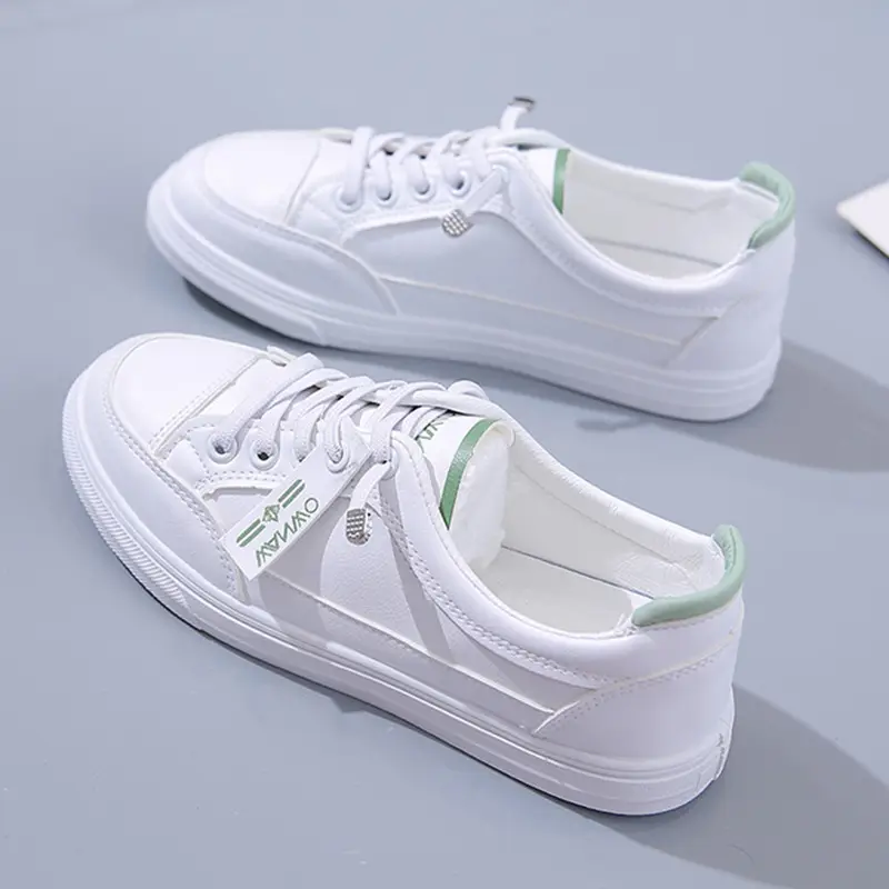Women White Casual Leather Sneakers with Green Accent
