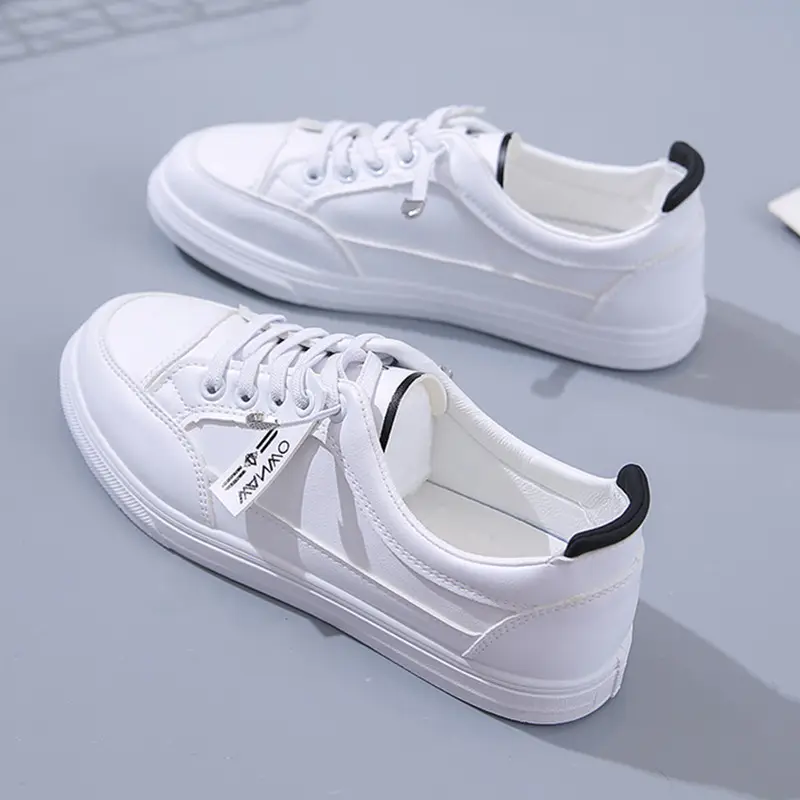 Women White Casual Leather Sneakers with Green Accent