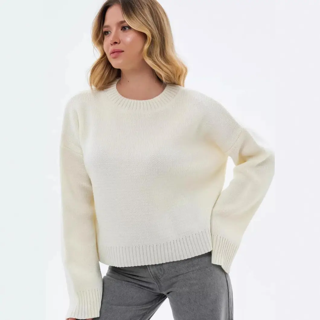 Cross-Border Women's Outerwear European and American Style Knitwear Autumn and Winter New Round Neck Pullover Loose Solid Color Long-Sleeved Sweater for Women