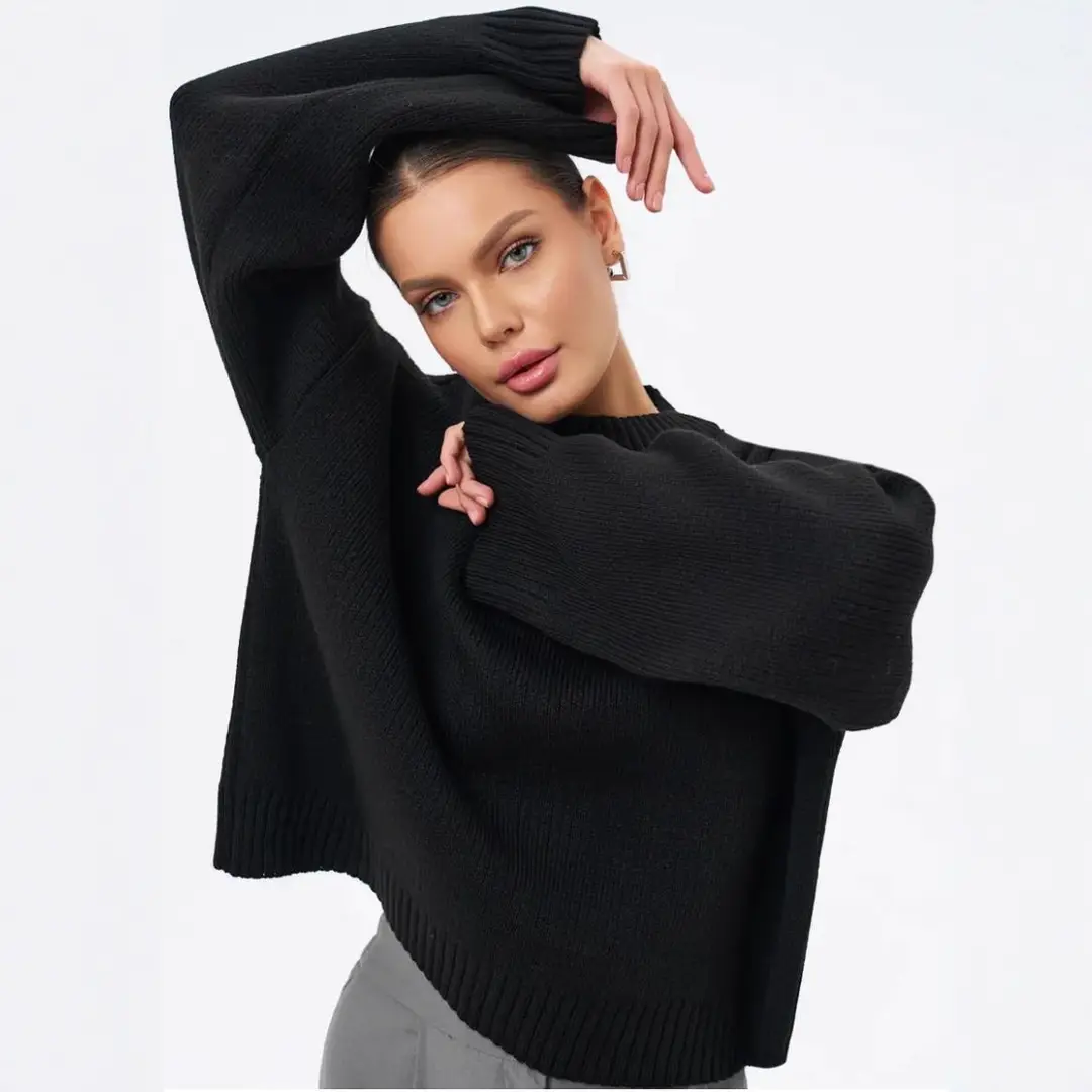 Cross-Border Women's Outerwear European and American Style Knitwear Autumn and Winter New Round Neck Pullover Loose Solid Color Long-Sleeved Sweater for Women