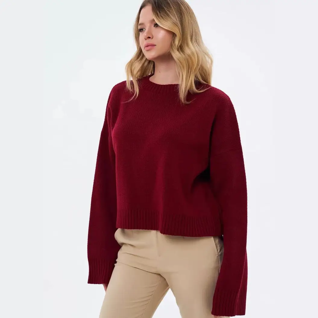 Cross-Border Women's Outerwear European and American Style Knitwear Autumn and Winter New Round Neck Pullover Loose Solid Color Long-Sleeved Sweater for Women
