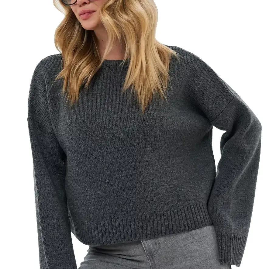 Cross-Border Women's Outerwear European and American Style Knitwear Autumn and Winter New Round Neck Pullover Loose Solid Color Long-Sleeved Sweater for Women