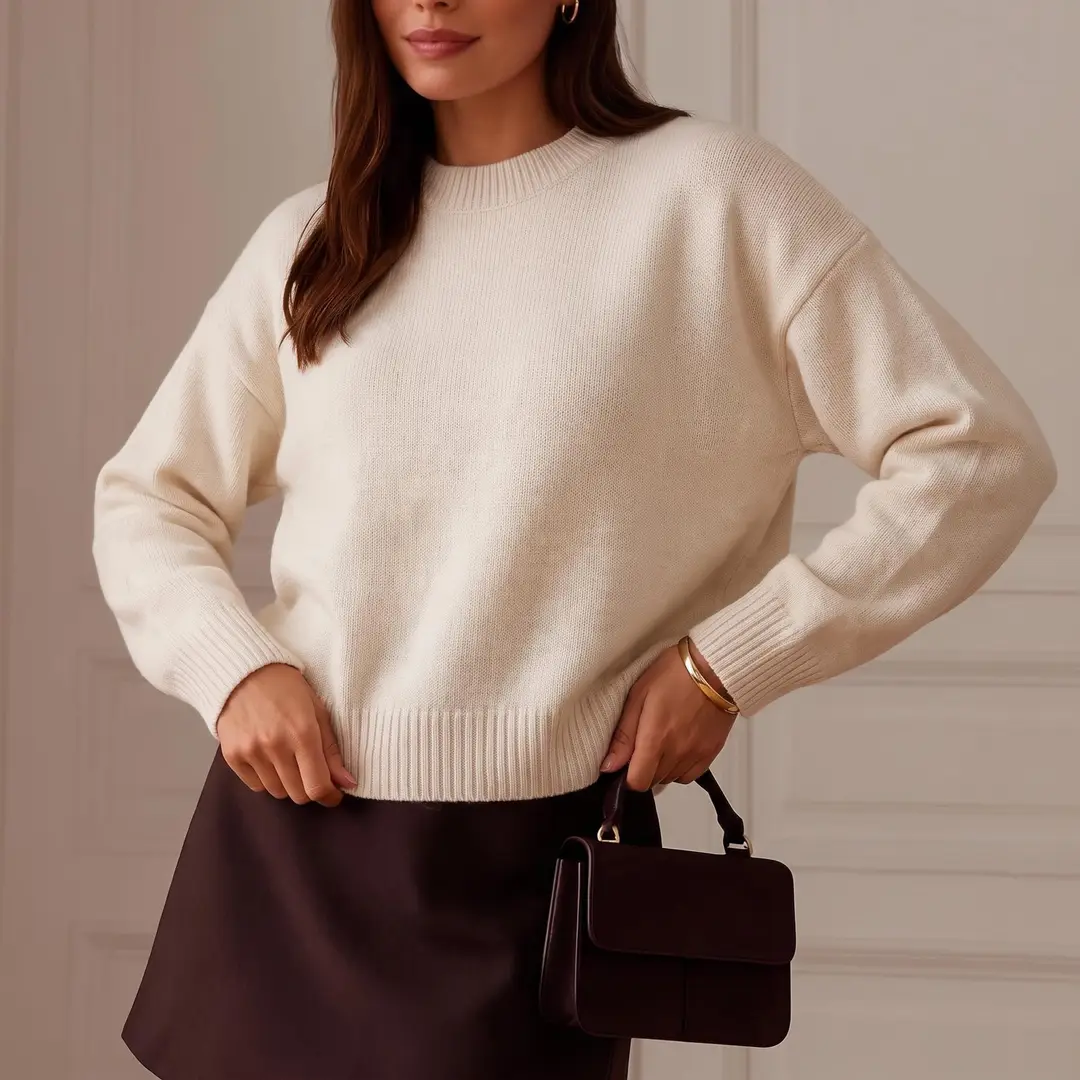 Cross-Border Women's Outerwear European and American Style Knitwear Autumn and Winter New Round Neck Pullover Loose Solid Color Long-Sleeved Sweater for Women — feature 4