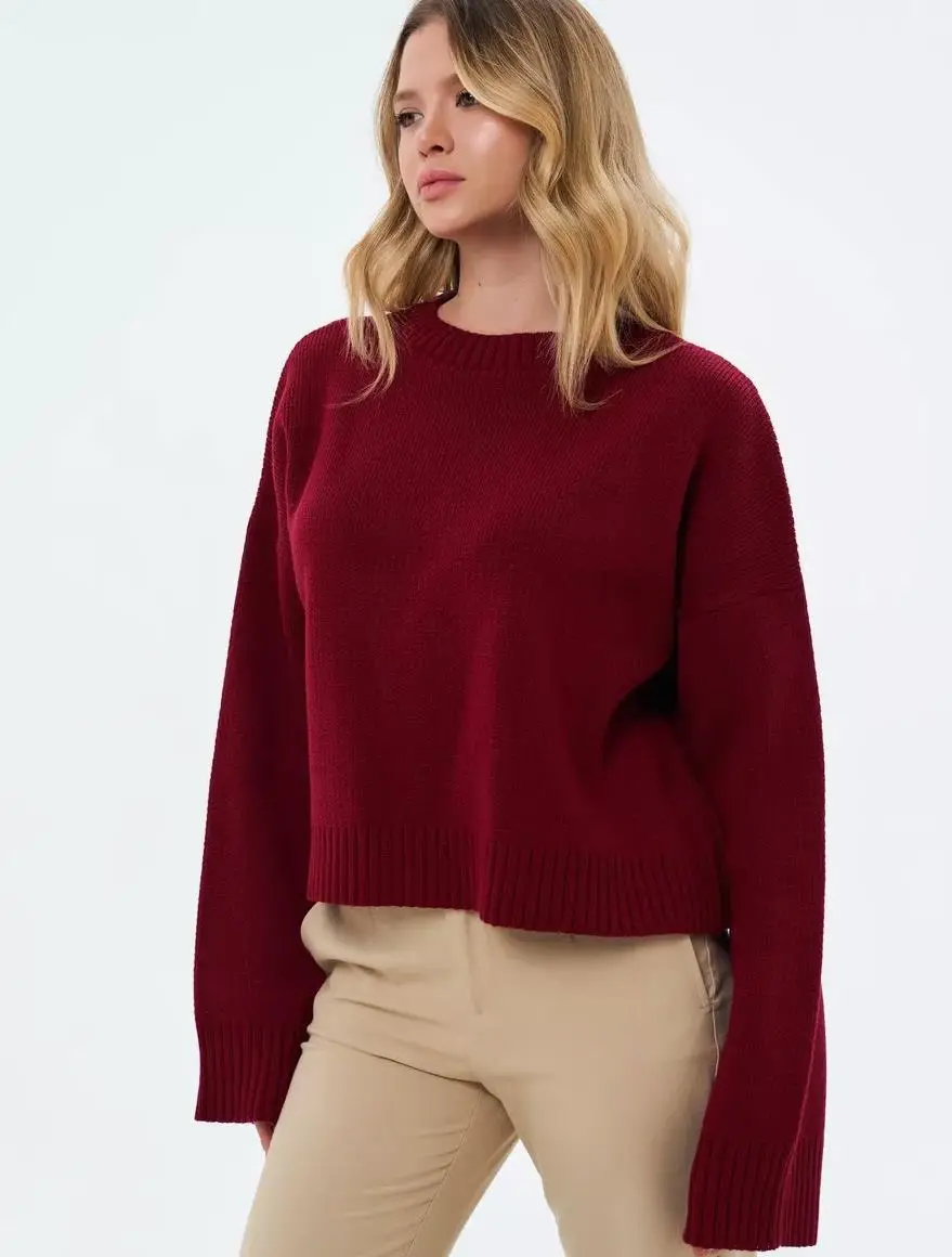 Cross-Border Women's Outerwear European and American Style Knitwear Autumn and Winter New Round Neck Pullover Loose Solid Color Long-Sleeved Sweater for Women