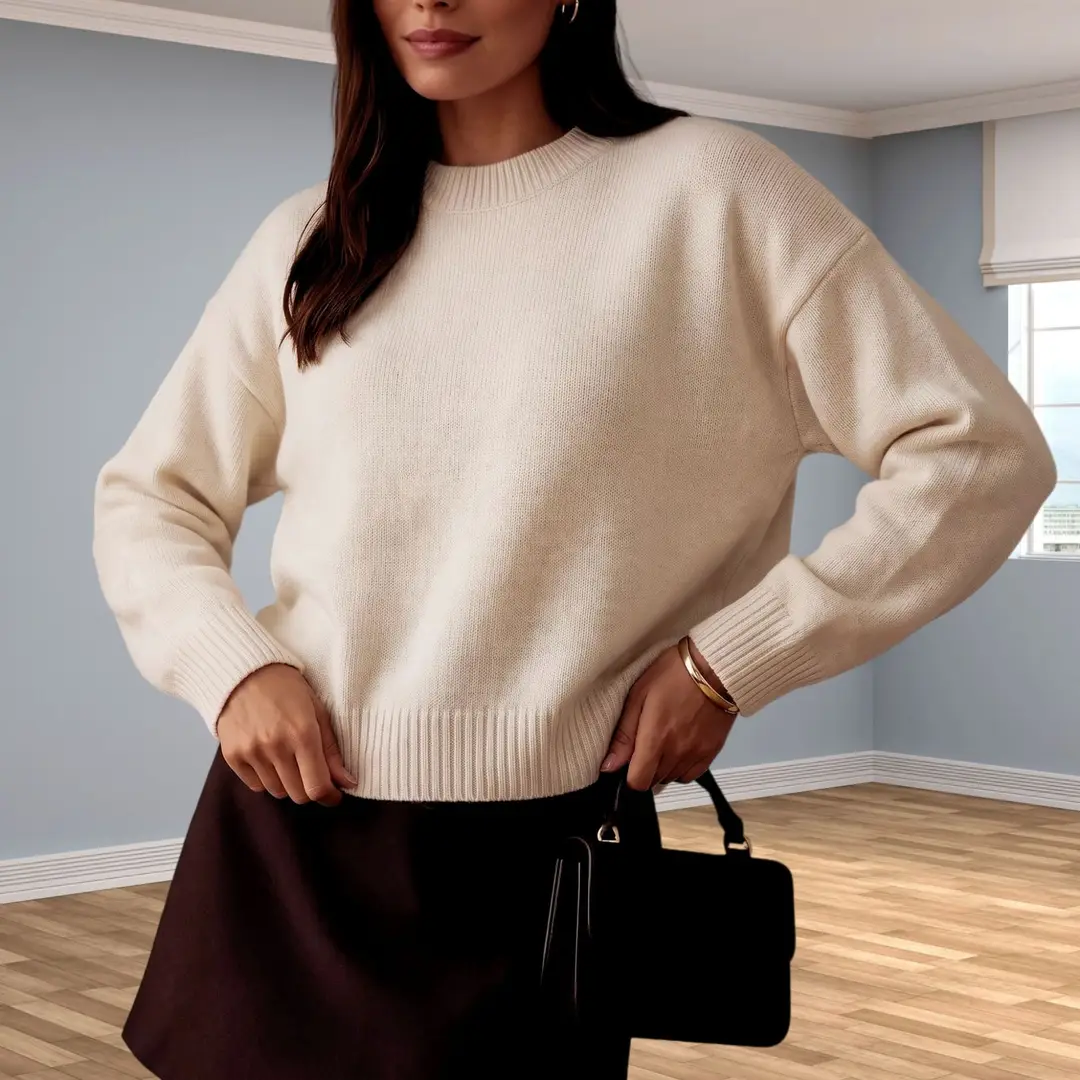 Cross-Border Women's Outerwear European and American Style Knitwear Autumn and Winter New Round Neck Pullover Loose Solid Color Long-Sleeved Sweater for Women
