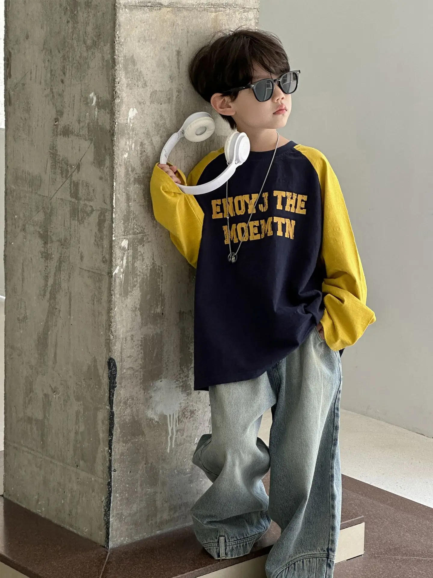 Boys Long Sleeve T-Shirt Navy Yellow 2025 Cotton - Image 3
