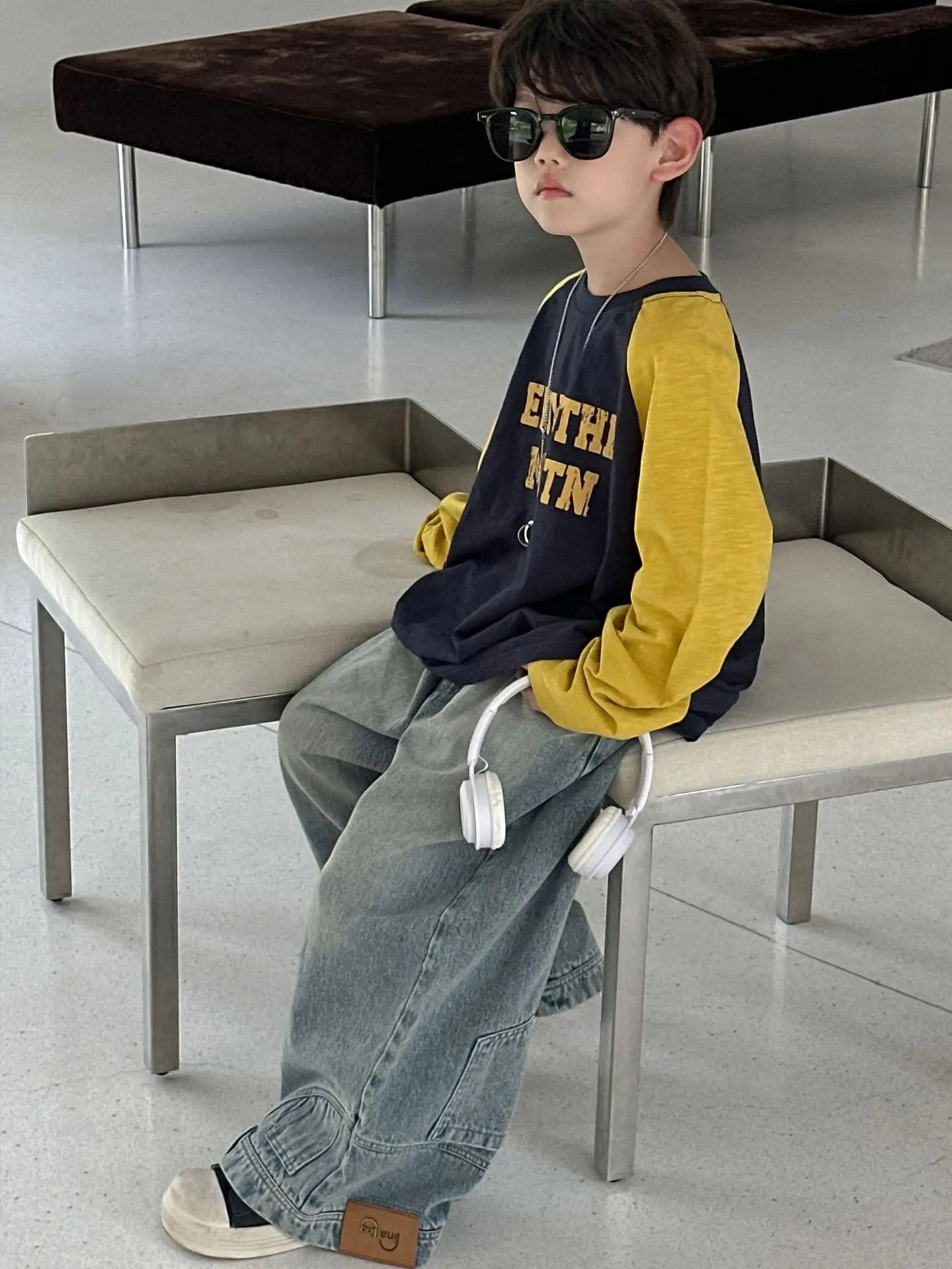 Boys Long Sleeve T-Shirt Navy Yellow 2025 Cotton - Image 4