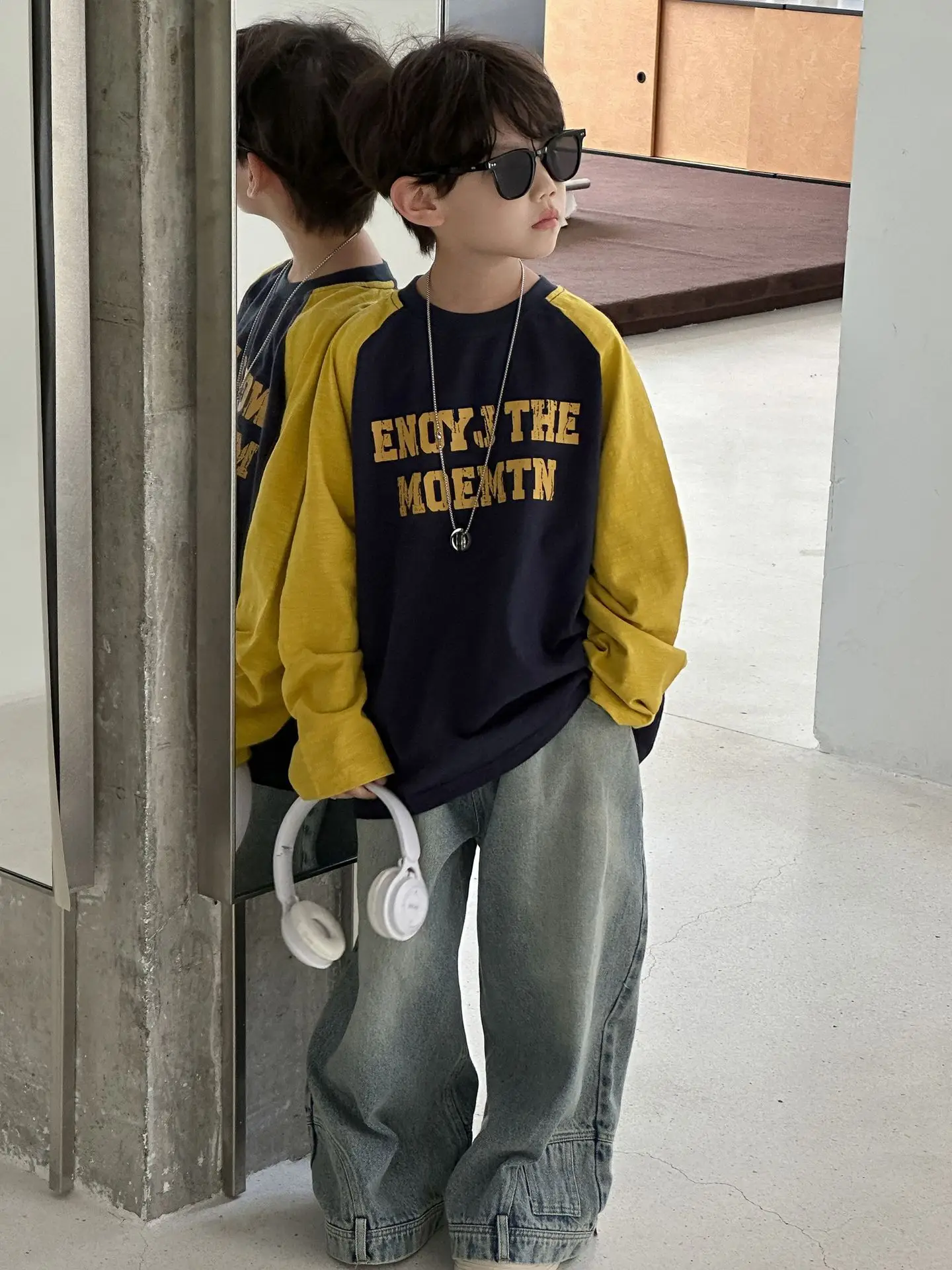 Boys Long Sleeve T-Shirt Navy Yellow 2025 Cotton - Image 6