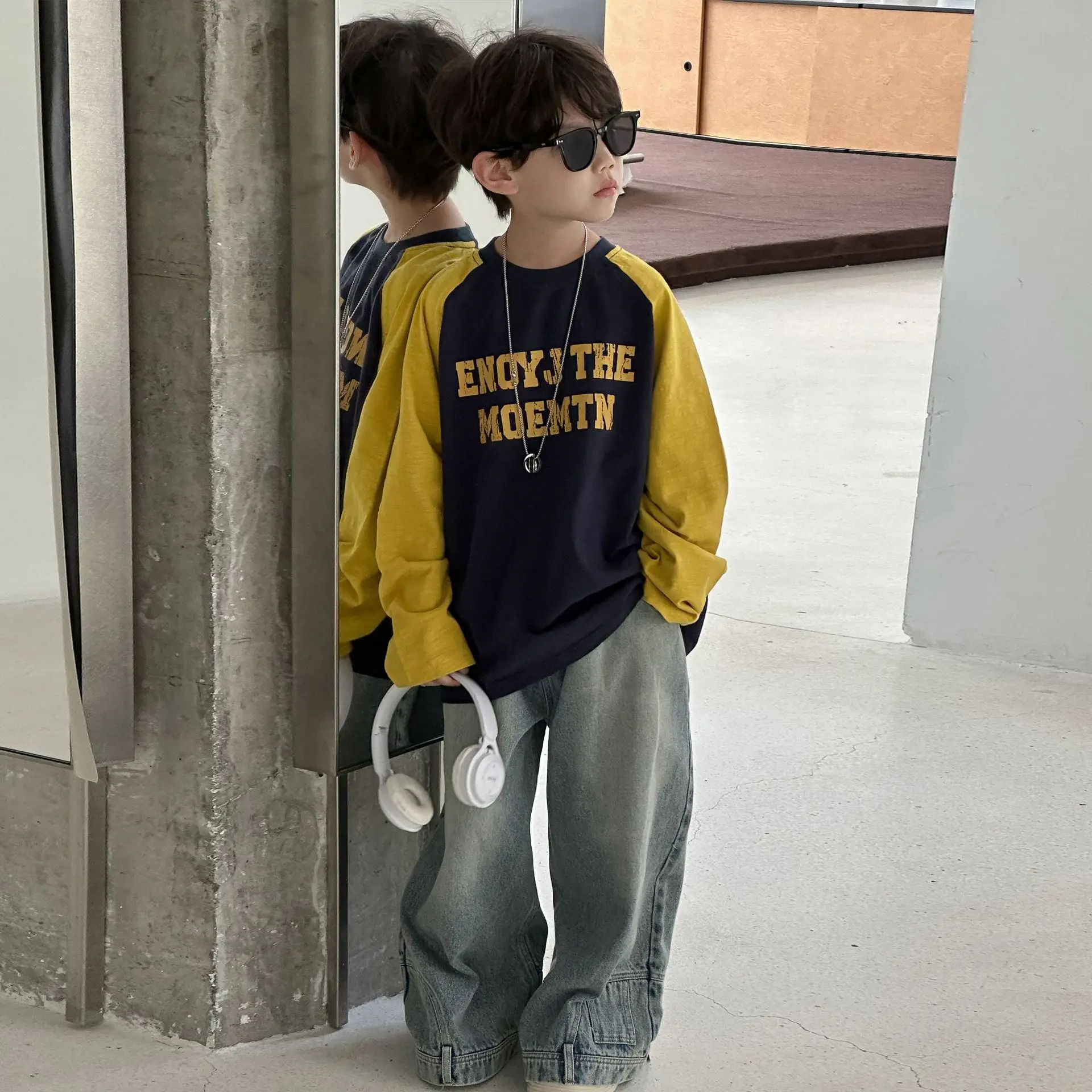 Boys Long Sleeve T-Shirt Navy Yellow 2025 Cotton — feature 11