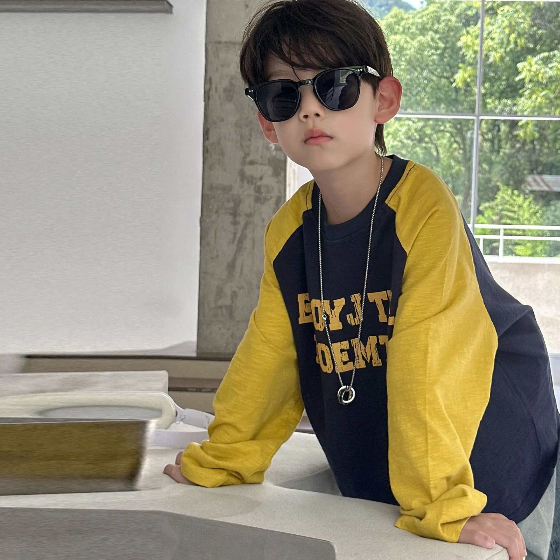 Boys Long Sleeve T-Shirt Navy Yellow 2025 Cotton — feature 12