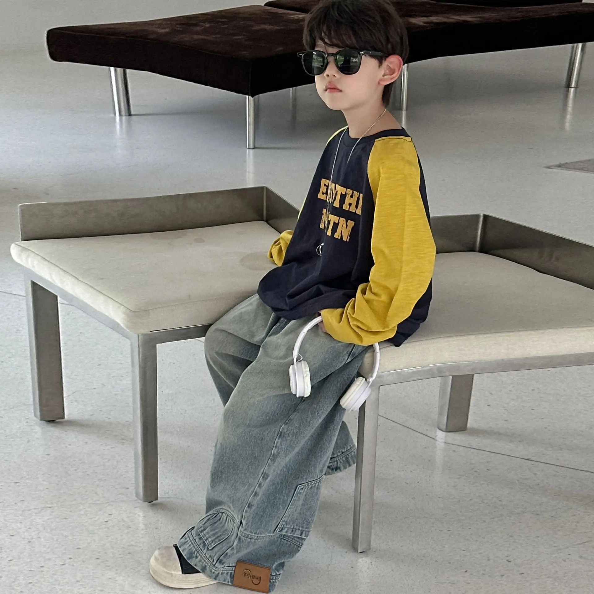 Boys Long Sleeve T-Shirt Navy Yellow 2025 Cotton — feature 3
