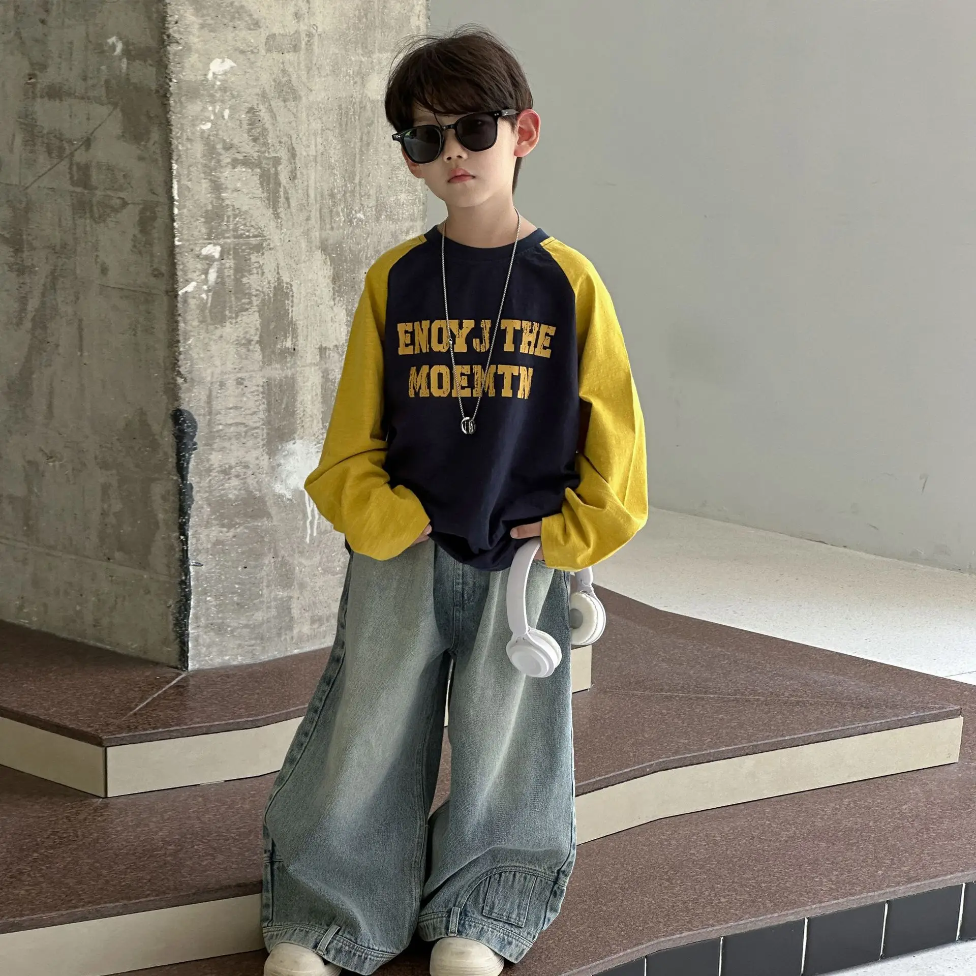 Boys Long Sleeve T-Shirt Navy Yellow 2025 Cotton — feature 5