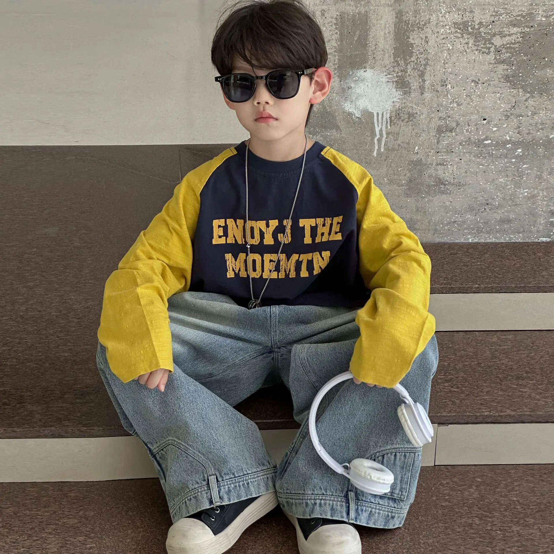 Boys Long Sleeve T-Shirt Navy Yellow 2025 Cotton — feature 6