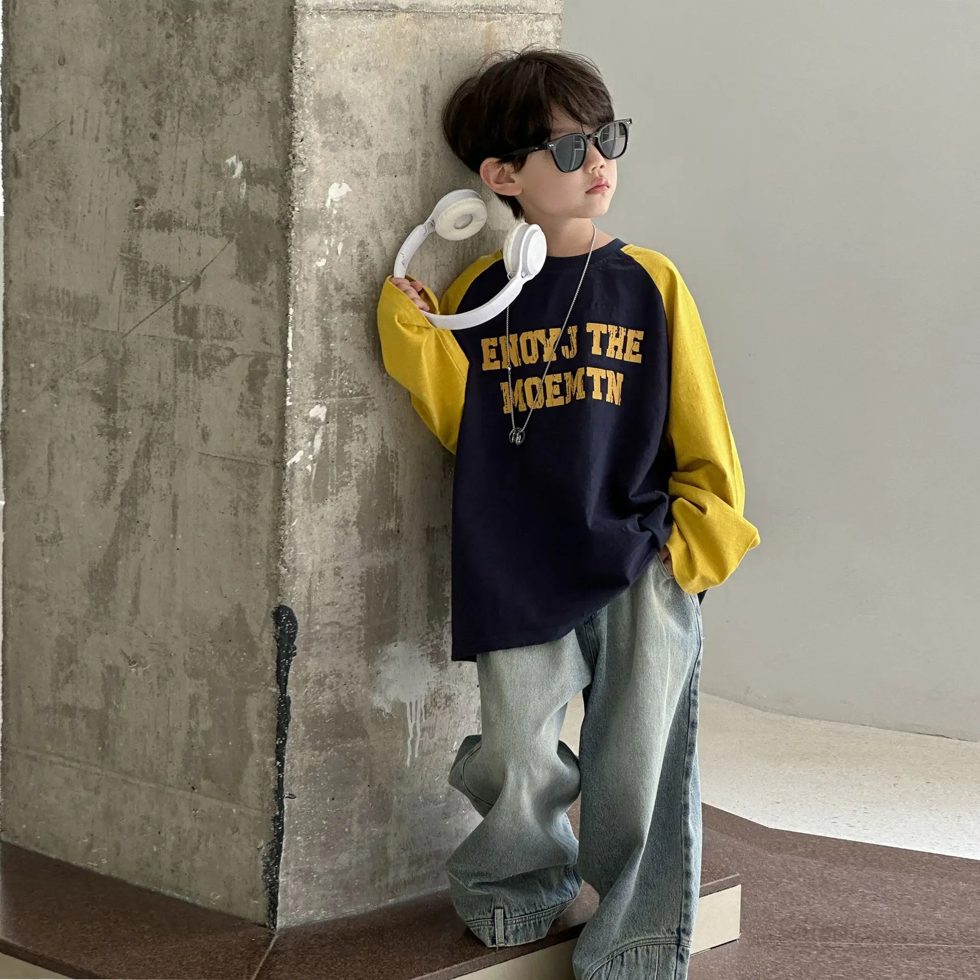 Boys Long Sleeve T-Shirt Navy Yellow 2025 Cotton — feature 7