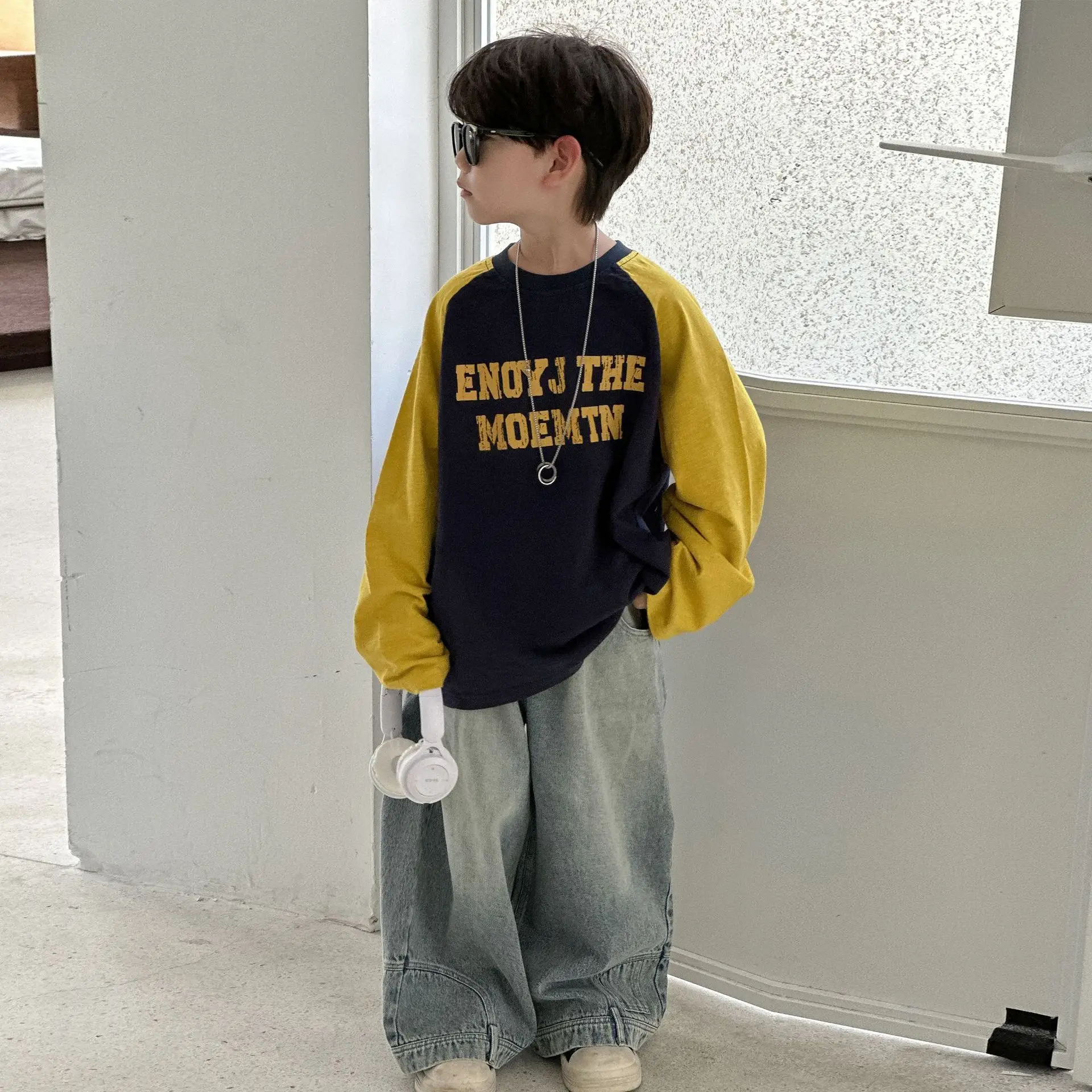 Boys Long Sleeve T-Shirt Navy Yellow 2025 Cotton — feature 8