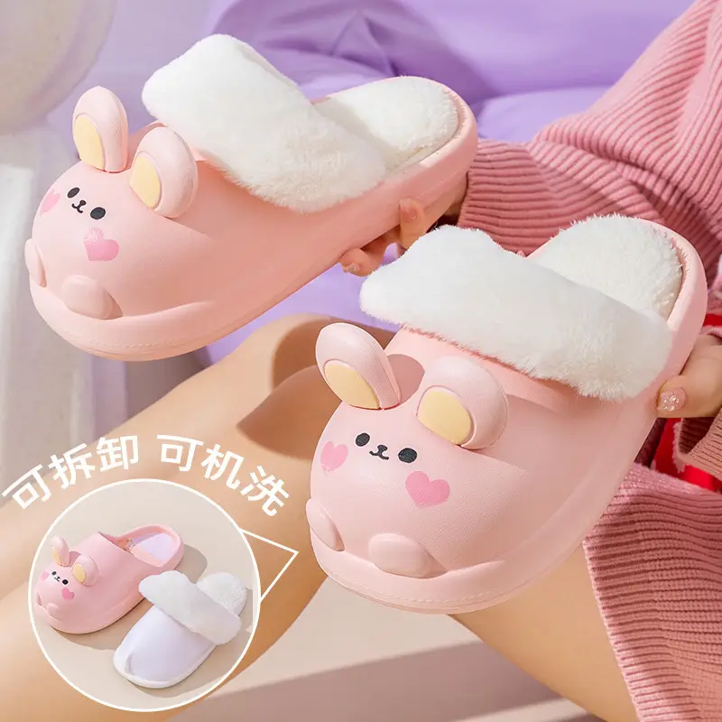 Cute Rabbit Cotton Slippers Women Winter Warm Waterproof
